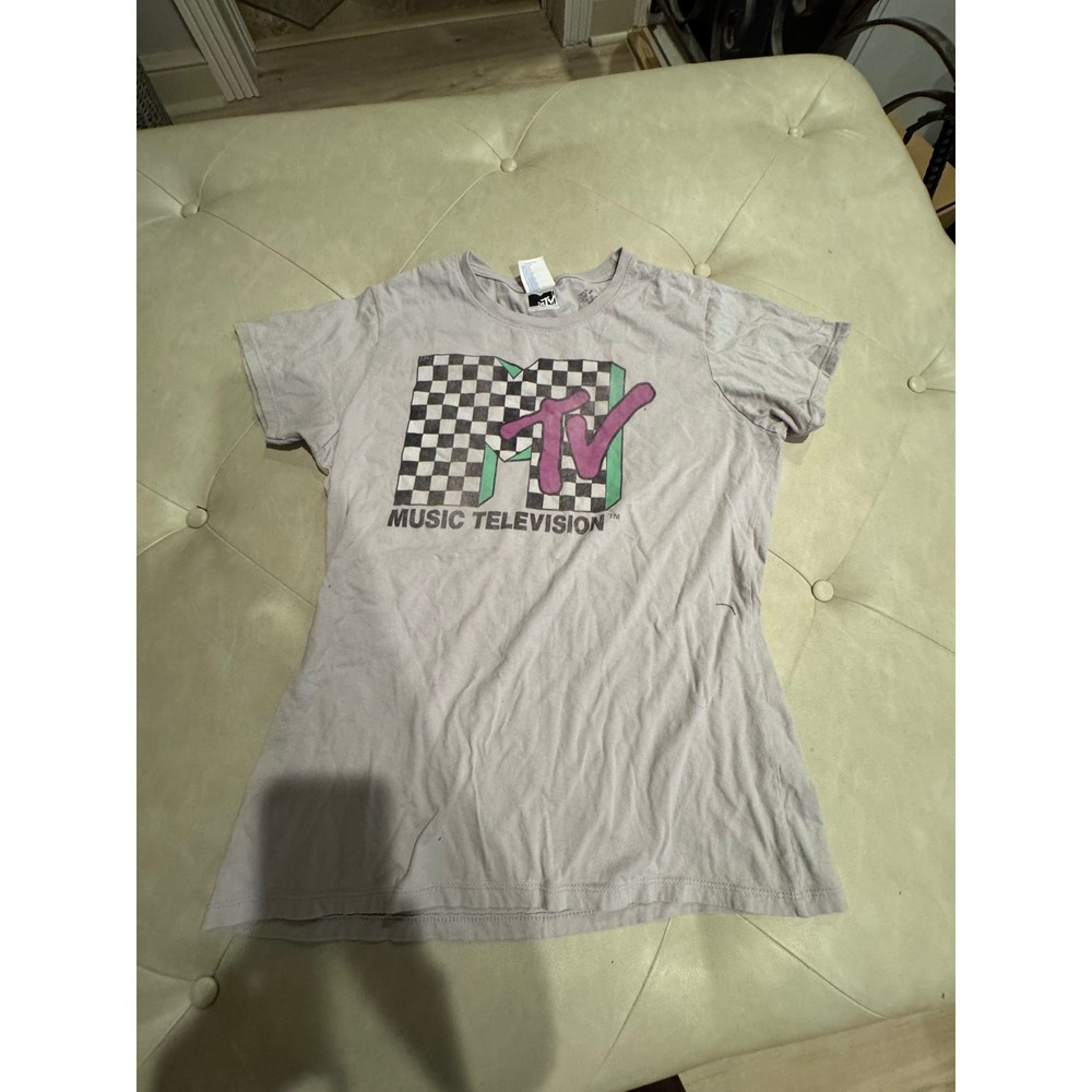 MTV Music Television Graphic Tee Port & Company Gray Checkered Logo Shirt Medium